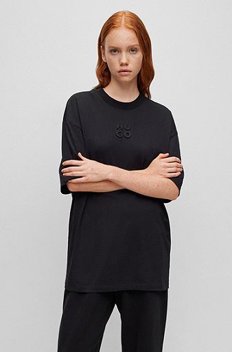Camiseta oversize fit de algodón con logo de temporada, Negro