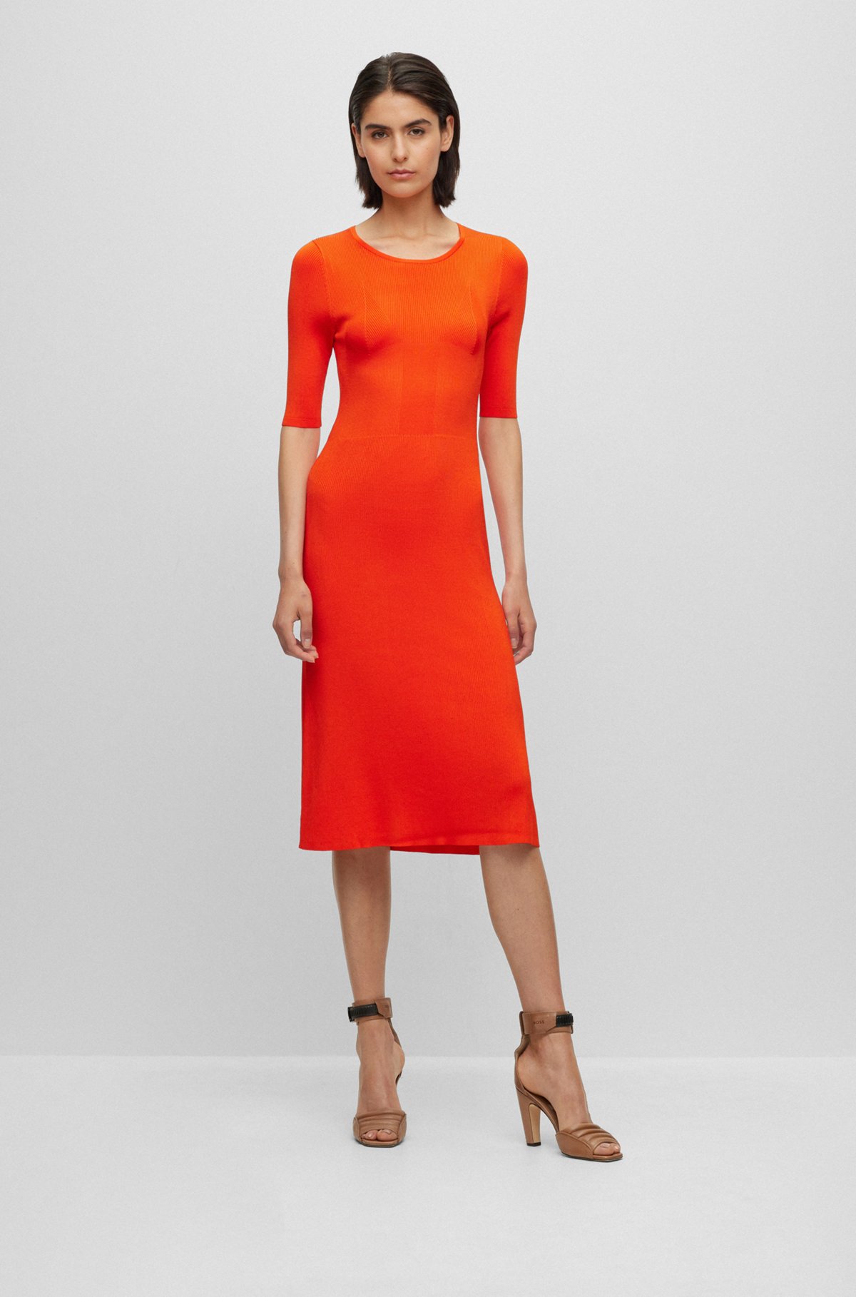 Cropped-sleeve dress with knitted structure, Dark Orange