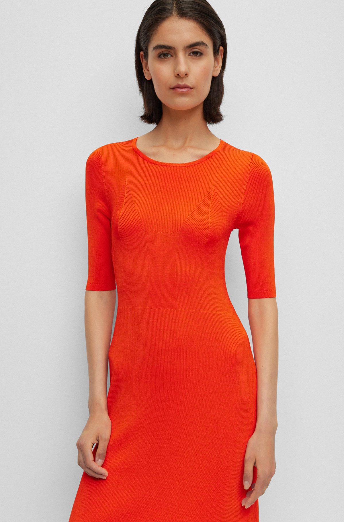 Cropped-sleeve dress with knitted structure, Dark Orange