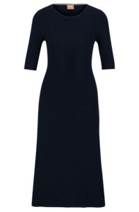 Cropped-sleeve dress with knitted structure, Dark Blue