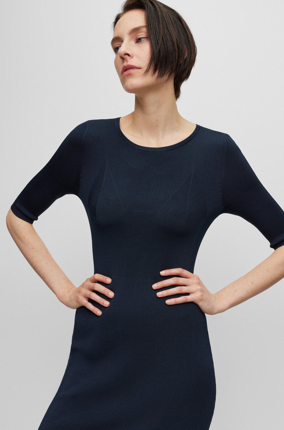 Cropped-sleeve dress with knitted structure, Dark Blue