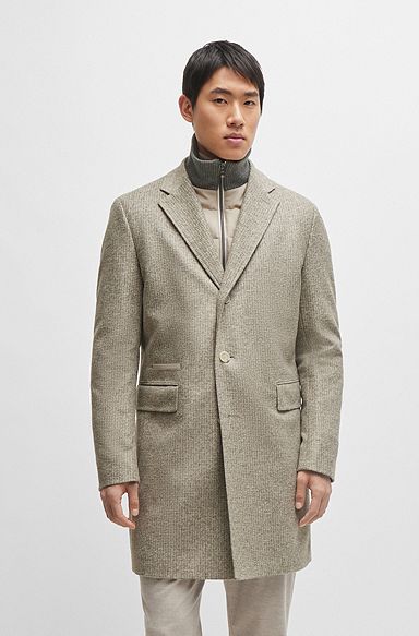 Manteau Slim Fit en laine mélangée avec empiècement intérieur zippé, Brun chiné