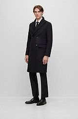 Zweireihiger Mantel aus Wolle und Kaschmir, Schwarz