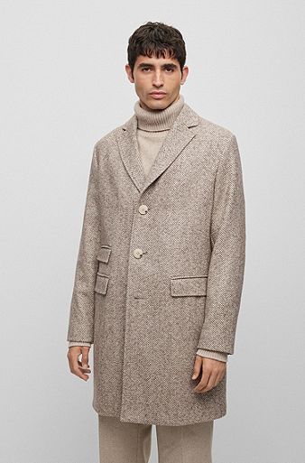 Slim-fit coat in herringbone weave fabric, Light Brown