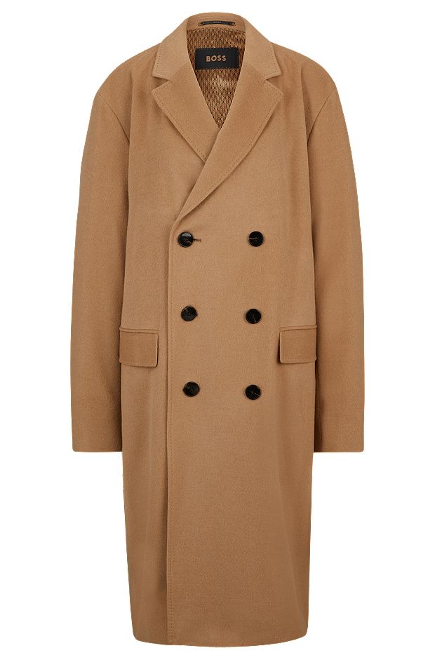 Double-breasted slim-fit coat in camel hair, Beige