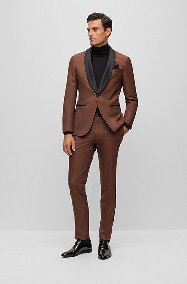 Slim-fit tuxedo in micro-pattern silk and wool, Dark Brown