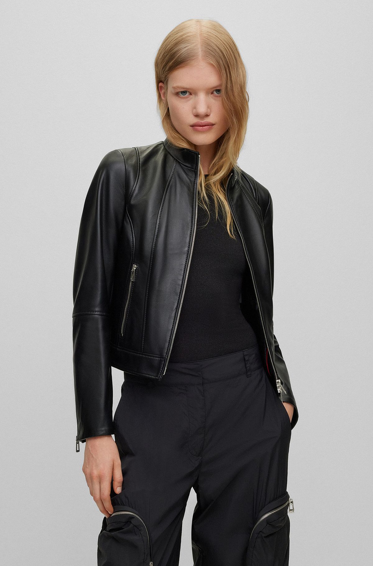 Regular-fit leather jacket with two-way zip, Black