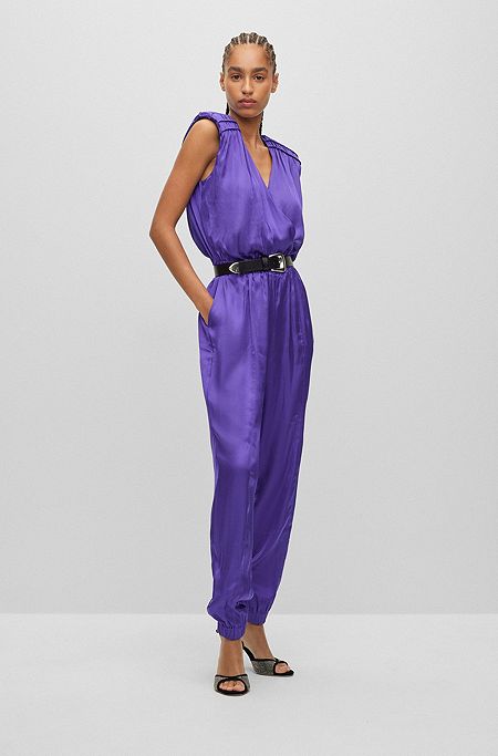 Wrap-front jumpsuit with shoulder pads, Purple
