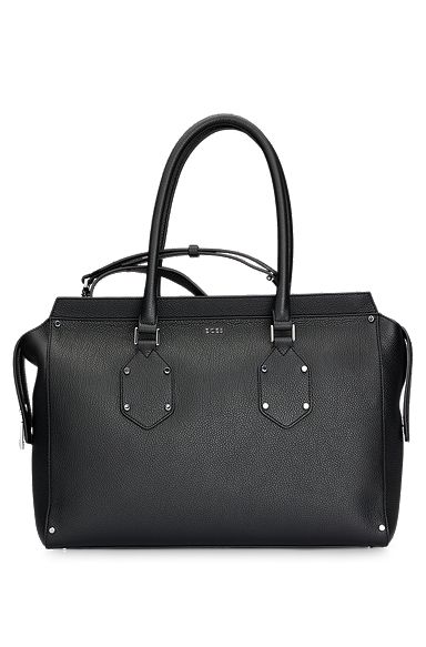 Grained-leather tote bag with detachable shoulder strap, Black