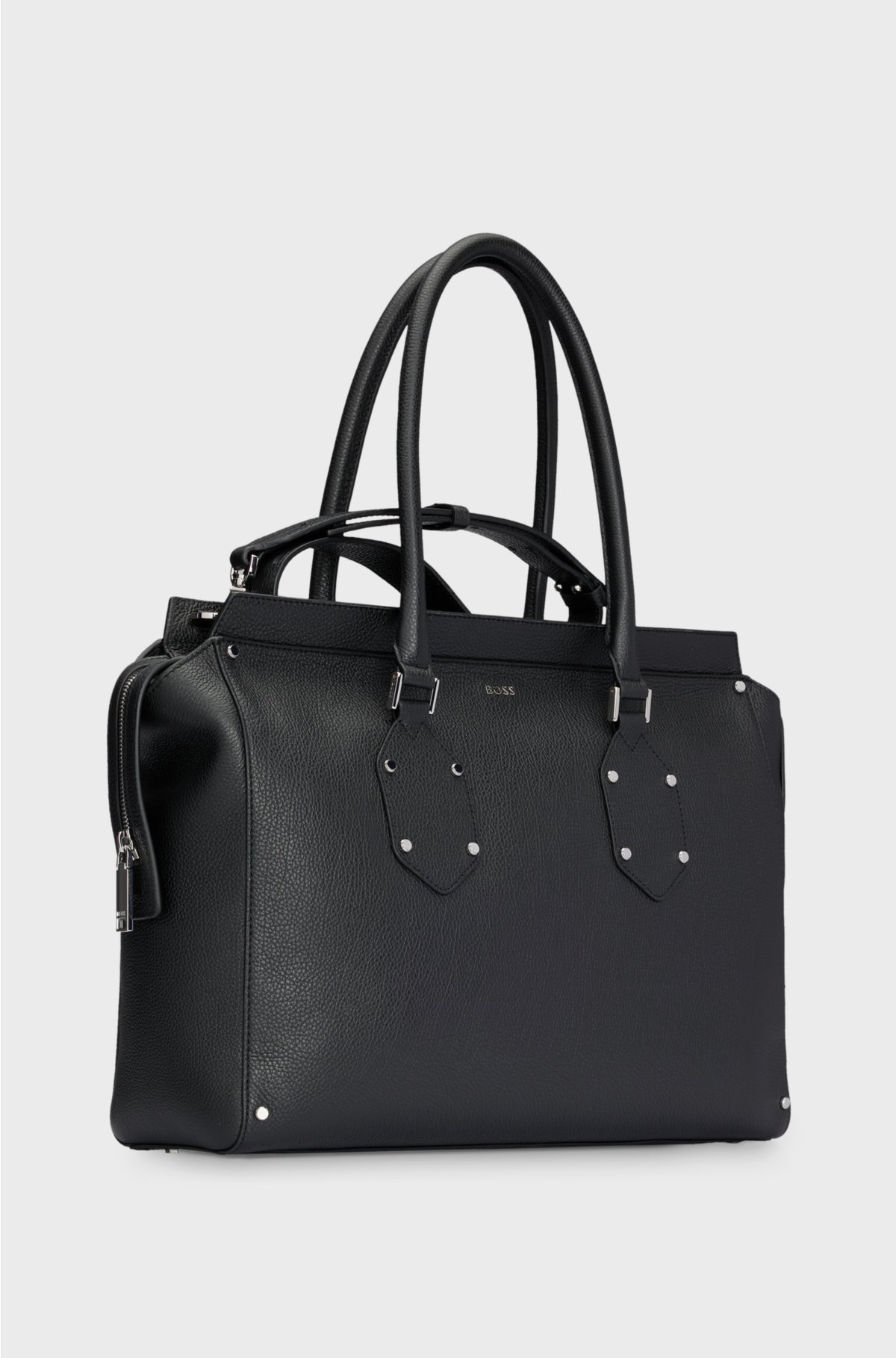 Grained-leather tote bag with detachable shoulder strap, Black
