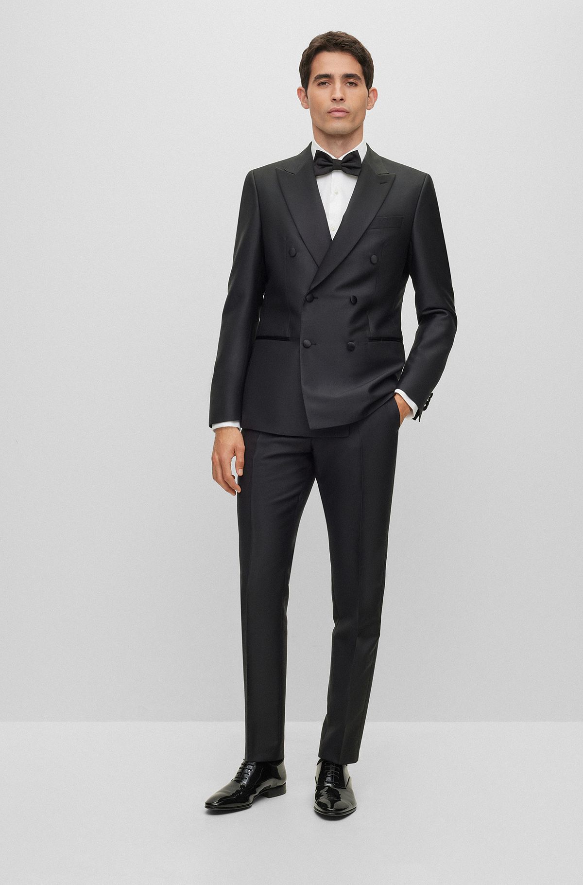 Slim-fit tuxedo suit in a melange wool blend, Black