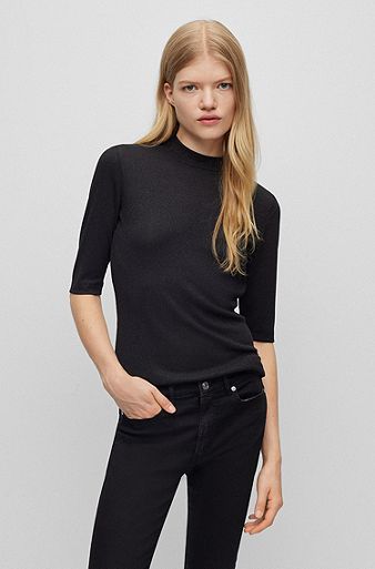 Mock-neck top in ribbed fabric with metallised fibres, Black