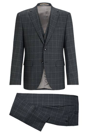 Regular-fit three-piece suit in checked stretch fabric, Hugo boss