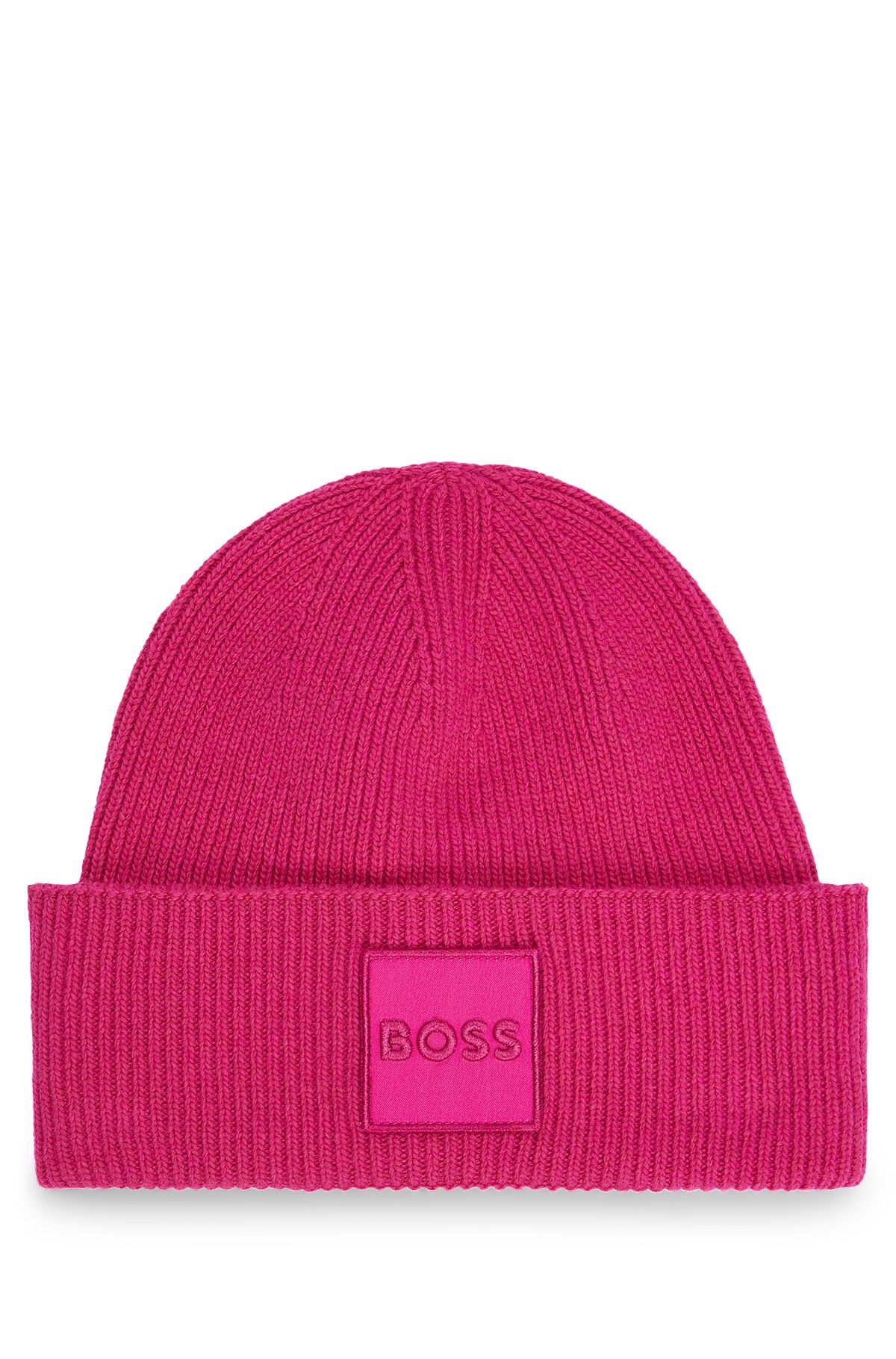 Ribbed beanie hat with tonal logo detail, Pink