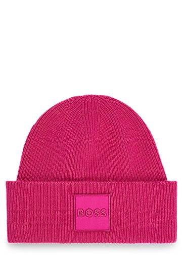 Ribbed beanie hat with tonal logo detail, Hugo boss