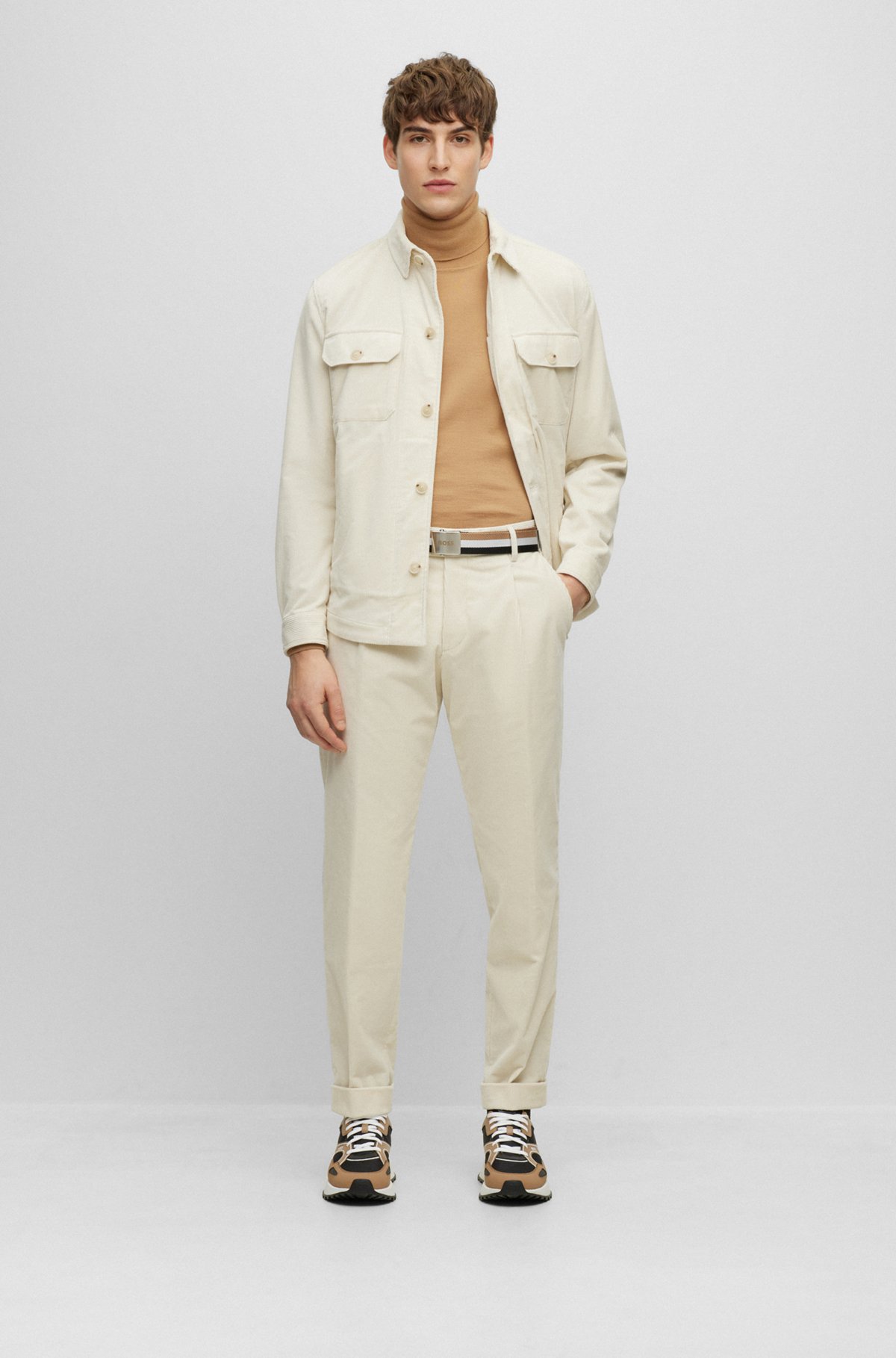 Relaxed-fit trousers in stretch-cotton corduroy, Beige
