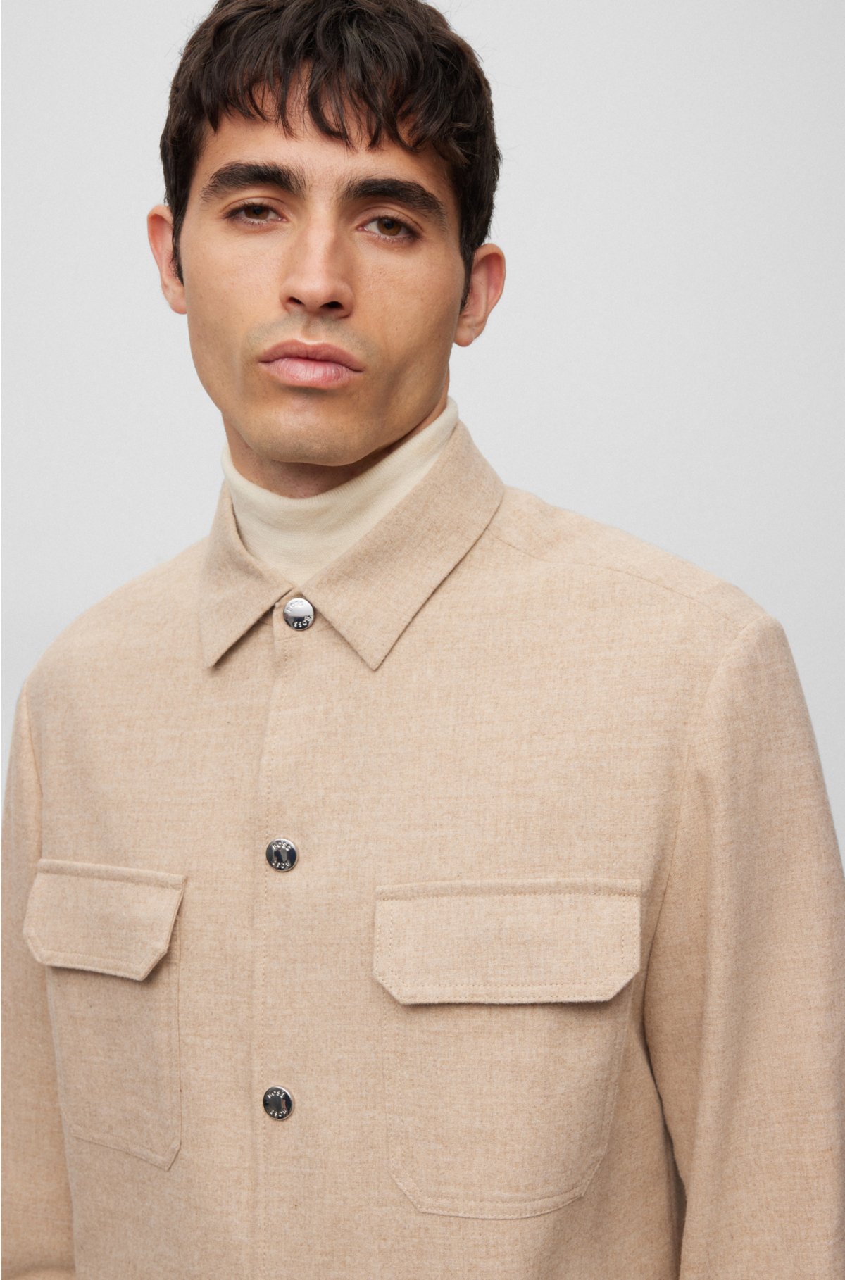 Relaxed-fit overshirt in stretch fabric with press studs, Beige