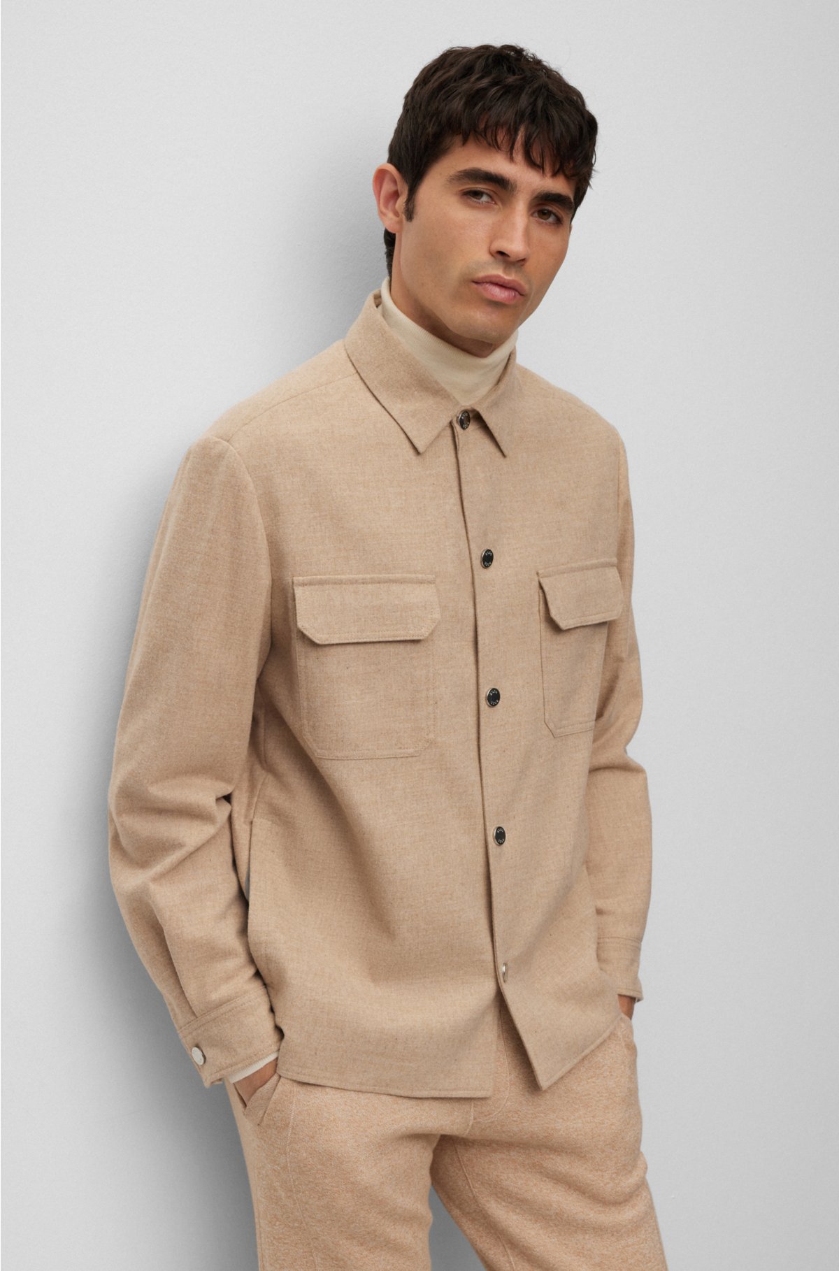 Relaxed-fit overshirt in stretch fabric with press studs, Beige