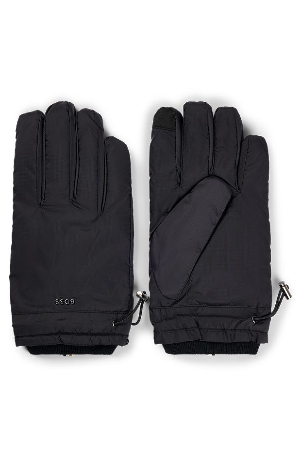 Gewatteerde handschoenen van ripstopmateriaal met touchscreenvriendelijke vingertoppen, Zwart