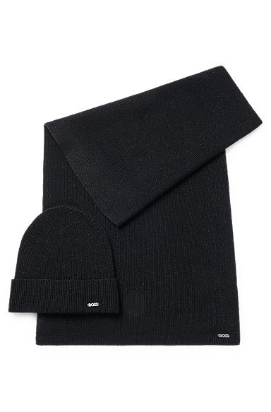 Glittery-effect beanie hat and scarf gift set, Black