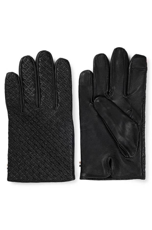 Leren handschoenen met monogrammen en touchscreenvriendelijke vingertoppen, Zwart