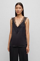Sleeveless top in heavyweight satin with lace trim, Black