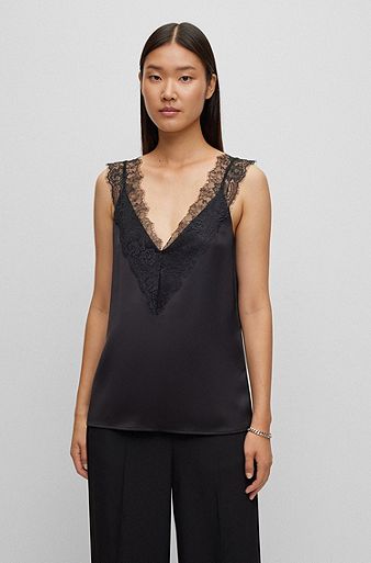Sleeveless top in heavyweight satin with lace trim, Black
