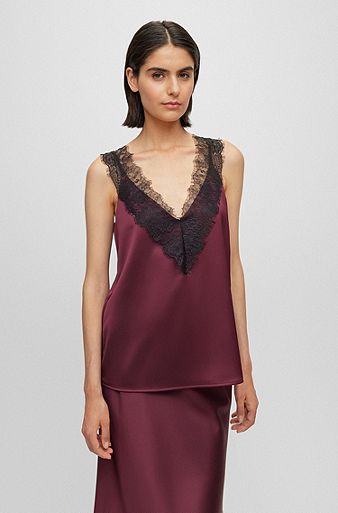 Sleeveless top in heavyweight satin with lace trim, Dark Red