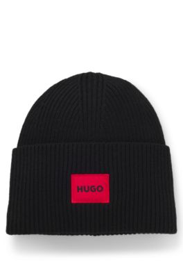 Gorro de punto de mezcla de lana con etiqueta con logo roja, Negro