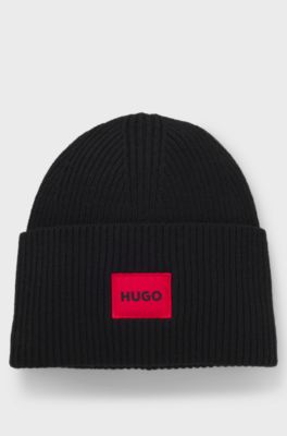 Wool-blend beanie hat with red logo patch, Black