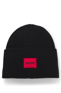 Wool-blend beanie hat with red logo patch, Black