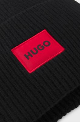 Wool-blend beanie hat with red logo patch, Black