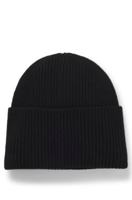 Gorro de punto de mezcla de lana con etiqueta con logo roja, Negro