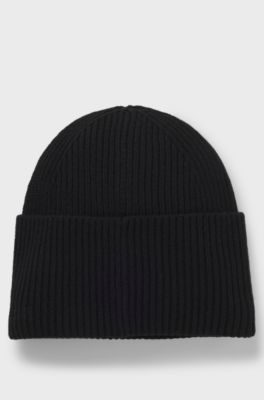 Wool-blend beanie hat with red logo patch, Black