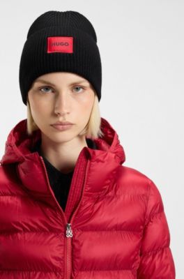 Wool-blend beanie hat with red logo patch, Black