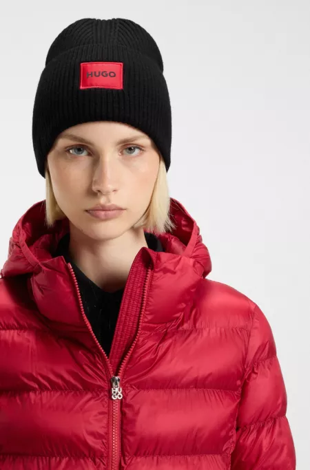 Wool-blend beanie hat with red logo patch