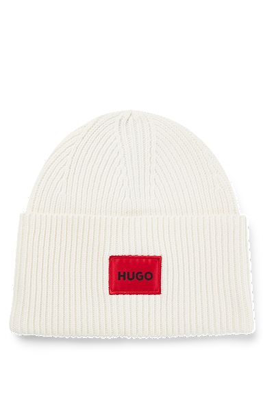 Wool-blend beanie hat with red logo label, White