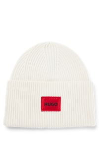 Wool-blend beanie hat with red logo label, White