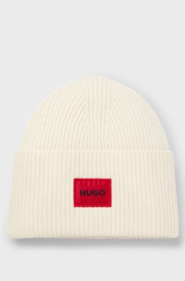 Wool-blend beanie hat with red logo patch, White