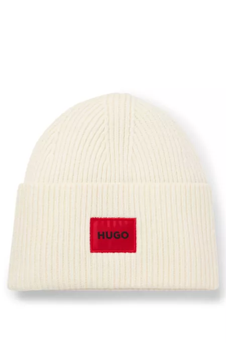 Wool-blend beanie hat with red logo patch