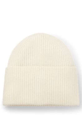 Gorro de punto de mezcla de lana con etiqueta con logo roja, Blanco
