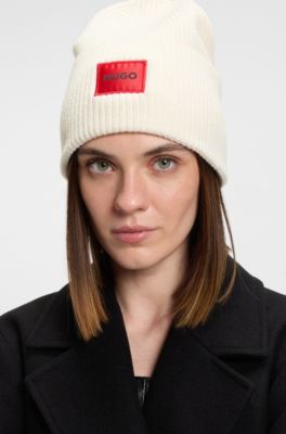 Bonnet en laine m&eacute;lang&eacute;e avec patch logot&eacute; rouge, Blanc