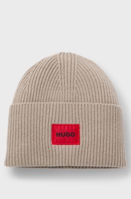 Wool-blend beanie hat with red logo patch, Light Beige