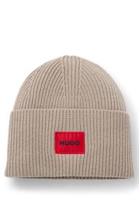 Berretto in misto lana con toppa con logo rossa, Beige chiaro