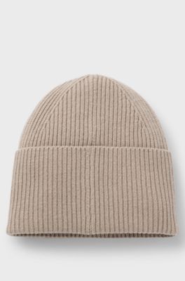 Wool-blend beanie hat with red logo patch, Light Beige