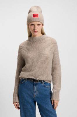 Beanie van een wolmix met rode logopatch, Lichtbeige