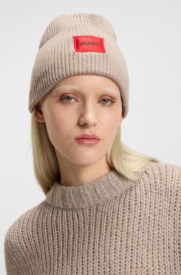 Wool-blend beanie hat with red logo patch, Light Beige
