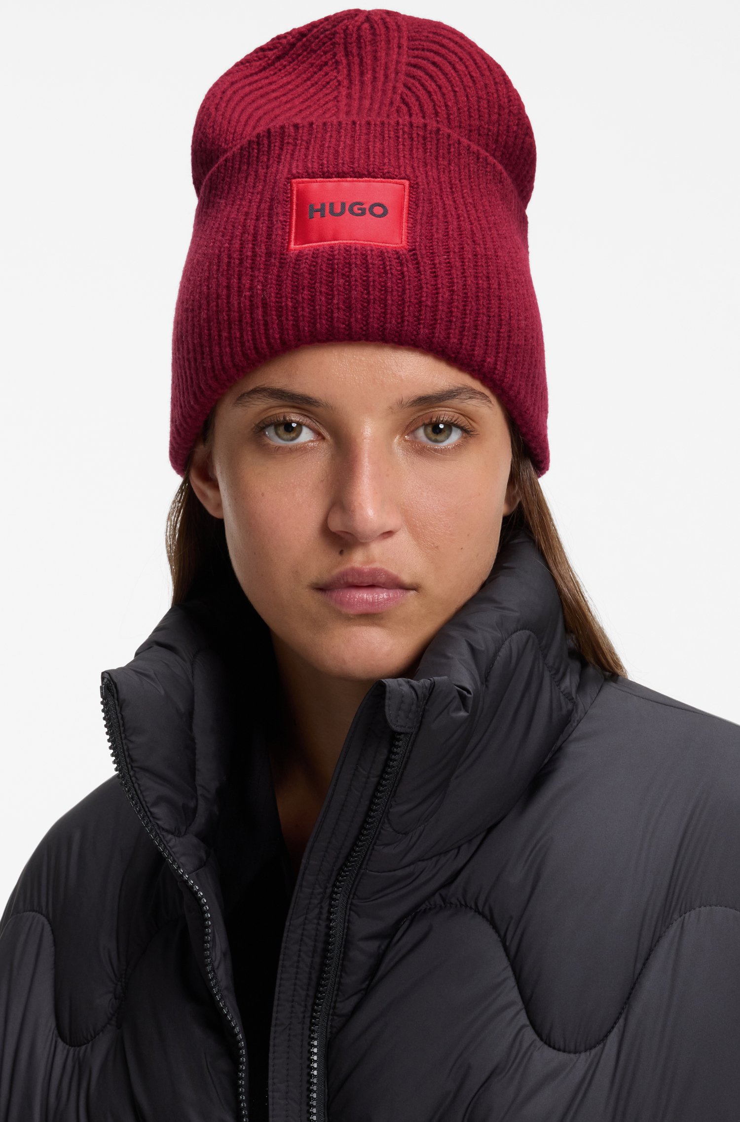 Hugo All-gender logo beanie hat in a wool blend mössor dam – bild 2