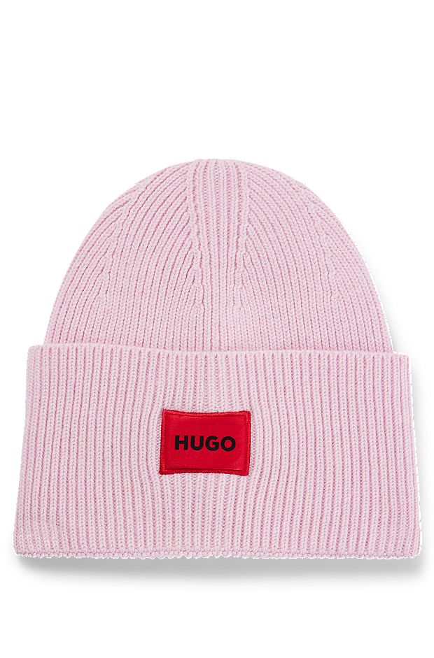 Wool-blend beanie hat with red logo label, light pink
