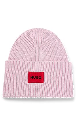 HUGO - Wool-blend beanie hat with red logo label